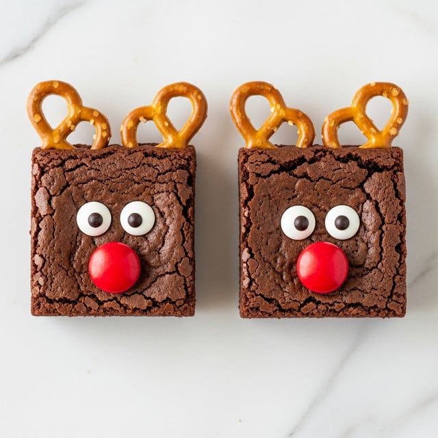 There are two small square chocolate brownies placed on a white marbled surface. Each brownie has two pretzels stuck at the top back to look like reindeer antlers. On the front, each brownie has two white candy eyes with black dots and a round red candy in the center as a nose, giving a reindeer face look. The brownies have a slightly cracked, textured top with a rich dark brown color. Photo taken with an iphone --ar 4:5 --v 7