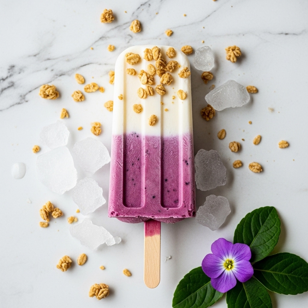 The image shows a two-layered popsicle on a wooden stick placed on a white marbled texture covered with some crushed ice and scattered granola. The bottom layer of the popsicle is a purple color with a smooth, icy texture, and the top layer is white with a creamy texture. There is some granola sprinkled on the top white layer and around the popsicle on the surface. At the bottom right corner of the image, there is a small purple flower and dark green leaves, adding a touch of natural color. Photo taken with an iphone --ar 4:5 --v 7
