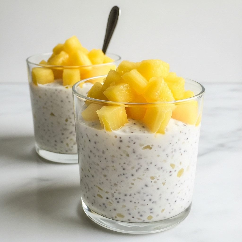 Two clear glass cups are filled with a smooth, creamy white pudding mixed with small dark specks, forming the bottom thick layer. On top, there is a generous layer of bright yellow pineapple chunks, slightly shiny and juicy, evenly spread to cover the pudding. The cups sit on a white marbled surface with a small silver spoon placed in the back between them. In the soft light, the textures of the creamy pudding and the fresh pineapple are clearly visible. photo taken with an iphone --ar 4:5 --v 7
