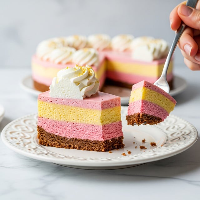 The image shows a three-layered slice of mousse cake on a white decorative plate, placed on a white marbled surface. The bottom layer is a solid brown crust, above it is a thick, pink mousse layer with a smooth texture, followed by a yellow mousse layer, and topped with a light orange mousse layer that has a soft, airy texture. A swirl of white whipped cream sits on top in the center, sprinkled with small golden crumbs. A woman's hand is holding a fork near the cake, lifting a small bite that shows all the layers clearly. The background is softly blurred, highlighting the cake slice in focus. Photo taken with an iphone --ar 4:5 --v 7