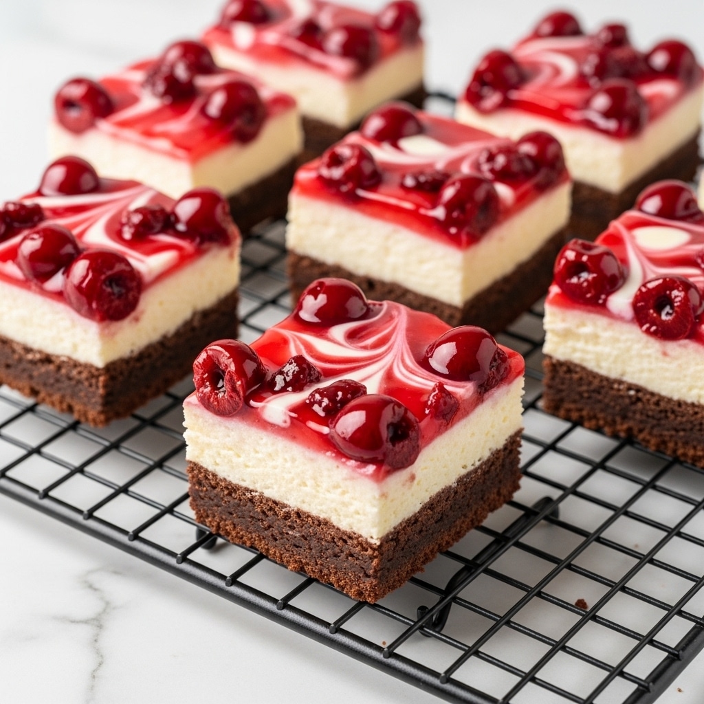 The image shows six square brownie pieces arranged on a black metal cooling rack over a white marbled surface. Each brownie has three distinct layers: the bottom layer is a dense, dark brown chocolate base; the middle layer is a creamy white cheesecake; the top layer is a shiny, thick cherry topping with whole and crushed cherries, creating a swirled red and white pattern with a glossy texture. One brownie is slightly tilted, revealing the three layers clearly. The bright red cherry topping contrasts sharply with the dark chocolate base and white cheesecake layer beneath. photo taken with an iphone --ar 4:5 --v 7