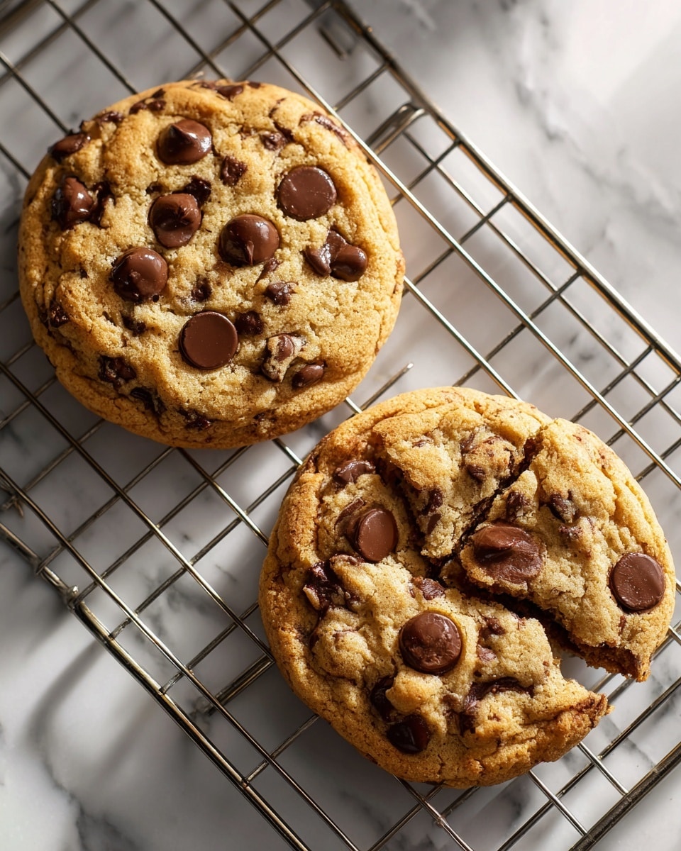 Two chocolate chip cookies rest on a metal cooling rack placed over a white marbled surface. The cookie on the left is whole, golden brown with dark, glossy chocolate chips spread across the top, slightly domed and textured with soft edges. The cookie on the right is broken into two pieces, showing a crumbly inside with scattered chocolate chips, matching the same golden brown color. Warm light casts soft shadows through the metal squares of the rack, adding a cozy feel. Photo taken with an iphone --ar 4:5 --v 7