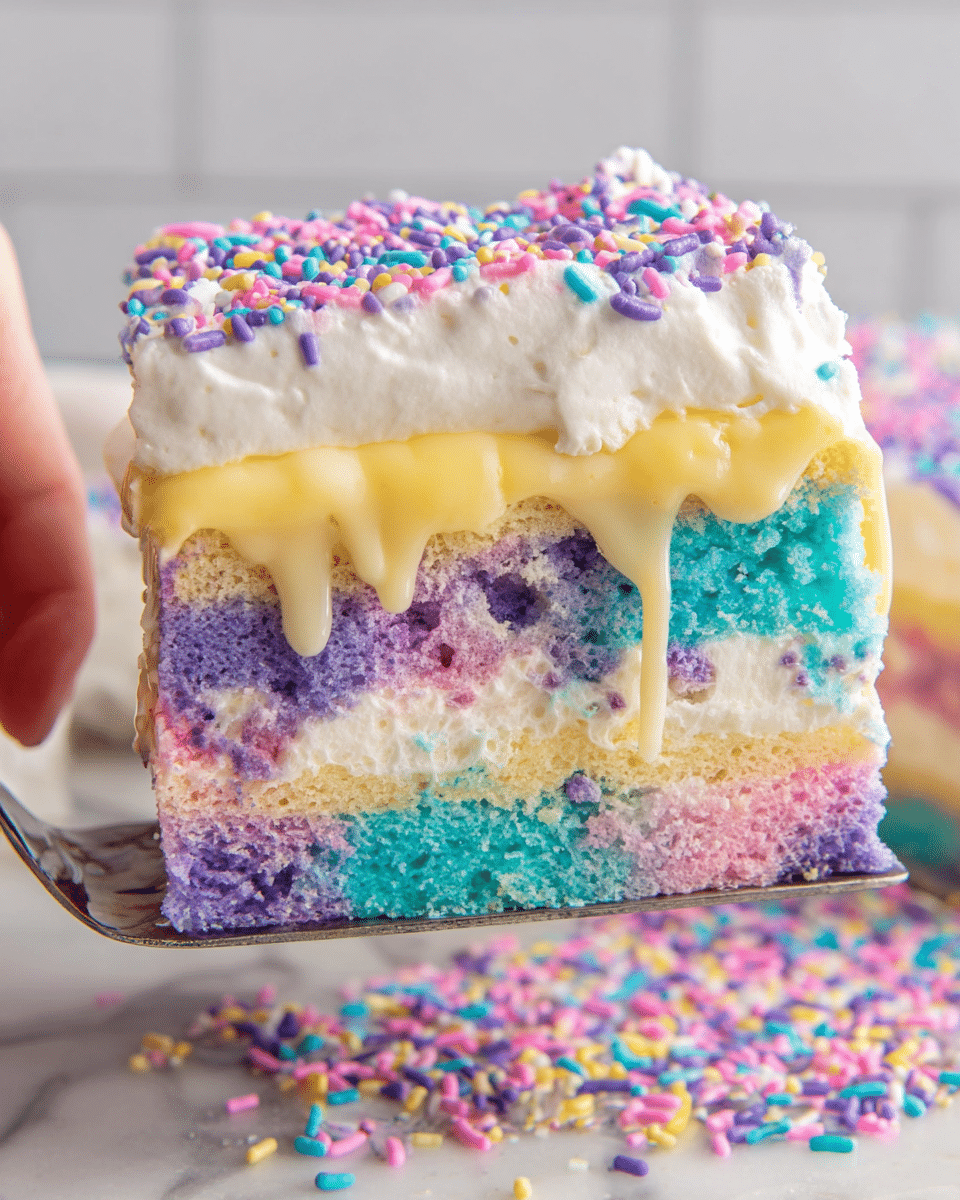 A close-up view of a colorful cake slice held by a woman's hand on a spatula, showing three main layers: the bottom layer is a spongy, mixed pastel blue and purple cake, the middle layer is a smooth, glossy light yellow custard-like filling that slightly drips down, and the top layer is a thick, white whipped cream frosting covered with vibrant sprinkles in pink, blue, yellow, and purple colors. The cake slice is placed above a white marbled surface sprinkled with similar colorful sprinkles. photo taken with an iphone --ar 4:5 --v 7