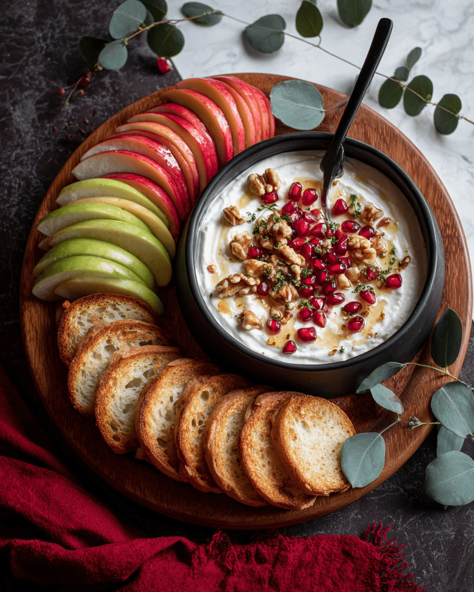 The image shows a round wooden board with a black bowl placed on the right side filled with thick white yogurt topped with a layer of honey, red pomegranate seeds, chopped walnuts, and some herbs. Surrounding the bowl, there are thin slices of toasted bread stacked in a semi-circle on the lower left side. Above the bread, multiple slices of red and green apple are neatly arranged in two layers, fanning outwards. Green eucalyptus leaves lie around the board on a dark, textured surface, and a black spoon with a long handle rests inside the bowl. The setup is on a white marbled background with a red cloth napkin partially visible on the right side. Photo taken with an iphone --ar 4:5 --v 7