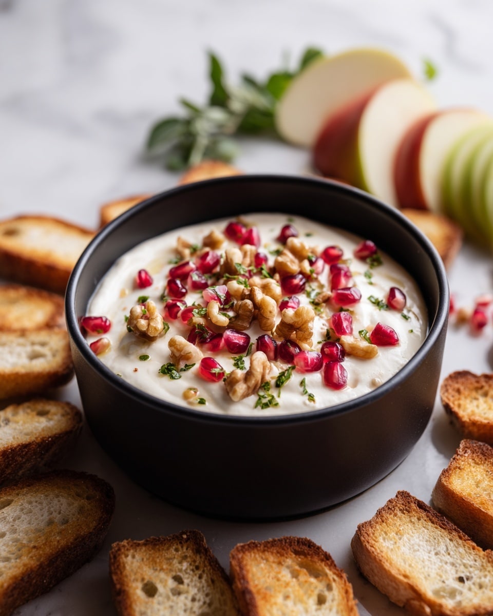 A black bowl sits on a white marbled surface, filled with a smooth white creamy base topped with scattered small red pomegranate seeds and chopped light brown walnuts, with some tiny green herb pieces sprinkled throughout. Around the bowl, there are multiple slices of toasted bread showing a golden brown color and crunchy texture, arranged casually on the surface. In the background, there are slices of green and red apples placed out of focus. A few green leaves peek in from the edges of the frame. Photo taken with an iphone --ar 4:5 --v 7