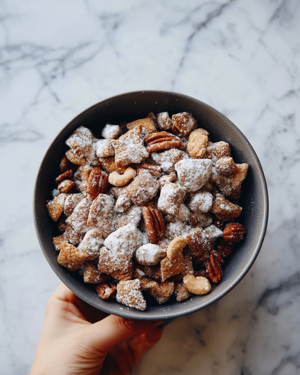 A closer view of a dark grey bowl filled with crunchy snack mix that has clusters coated in white powder and smaller brown nut pieces mixed throughout, held by a woman's hand at the bottom right. The snack pieces are irregularly shaped with rough texture, and the bowl rests on a white marbled surface. photo taken with an iphone --ar 4:5 --v 7