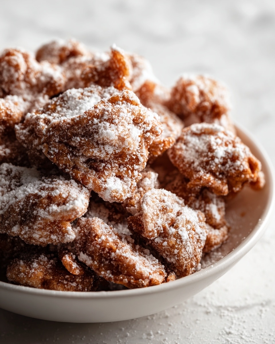 A close-up view of a pile of crispy, brown snack pieces generously coated with a powdery white layer that looks like sugar or flour. The pieces vary slightly in size and shape, showing a rough texture with some edges curled or uneven. They are placed inside a white tray with soft light highlighting the powder and the crunchy surface. The background is a subtle white marbled texture, creating a clean and simple look. photo taken with an iphone --ar 4:5 --v 7