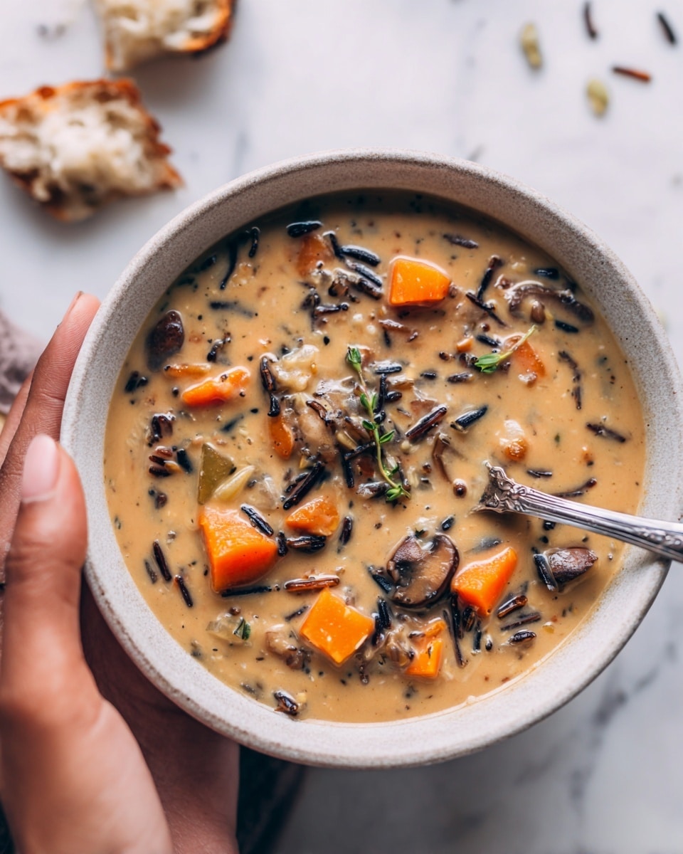 A close-up view of a bowl filled with creamy soup that has a light brown color with darker bits of wild rice and small orange vegetable pieces scattered throughout. The soup looks thick and smooth in texture, with the rice and vegetables evenly mixed in. A woman's hand is holding the white bowl from the bottom right, and a metal spoon is scooping some soup close to the center of the bowl. The background is a white marbled texture with pieces of torn bread around the bowl. photo taken with an iphone --ar 4:5 --v 7