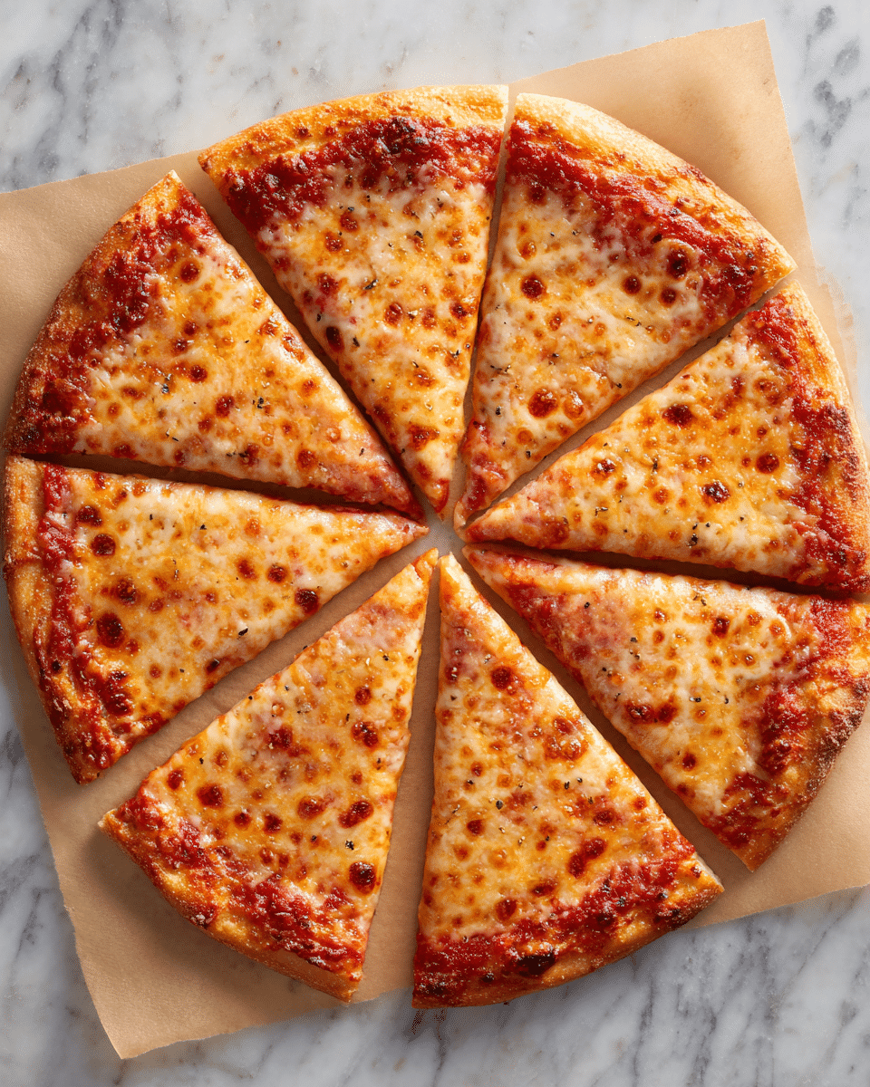 A whole round pizza is cut into eight slices and placed on a white marbled surface with a light brown parchment paper underneath. The pizza has two layers: a golden-brown, slightly thick crust on the outer edge, and a top layer of melted cheese with an even spread of tomato sauce showing in some spots. The cheese is bubbly and browned a little in places. There are no other toppings visible. Photo taken with an iphone --ar 4:5 --v 7