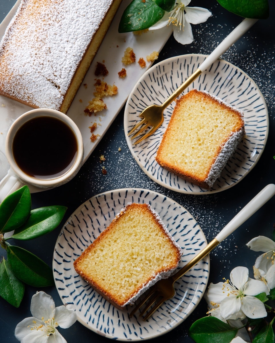 Two rectangular slices of crumbly golden brown cake with a crusty edge are placed on white plates with a blue zigzag pattern. One slice has a small piece cut off and held above it by a gold fork with a white handle. Crumbs are scattered next to the plates on a dark surface. A white cup filled with dark coffee sits near the plates, and white flowers with green leaves are placed at the edges. Photo taken with an iphone --ar 4:5 --v 7