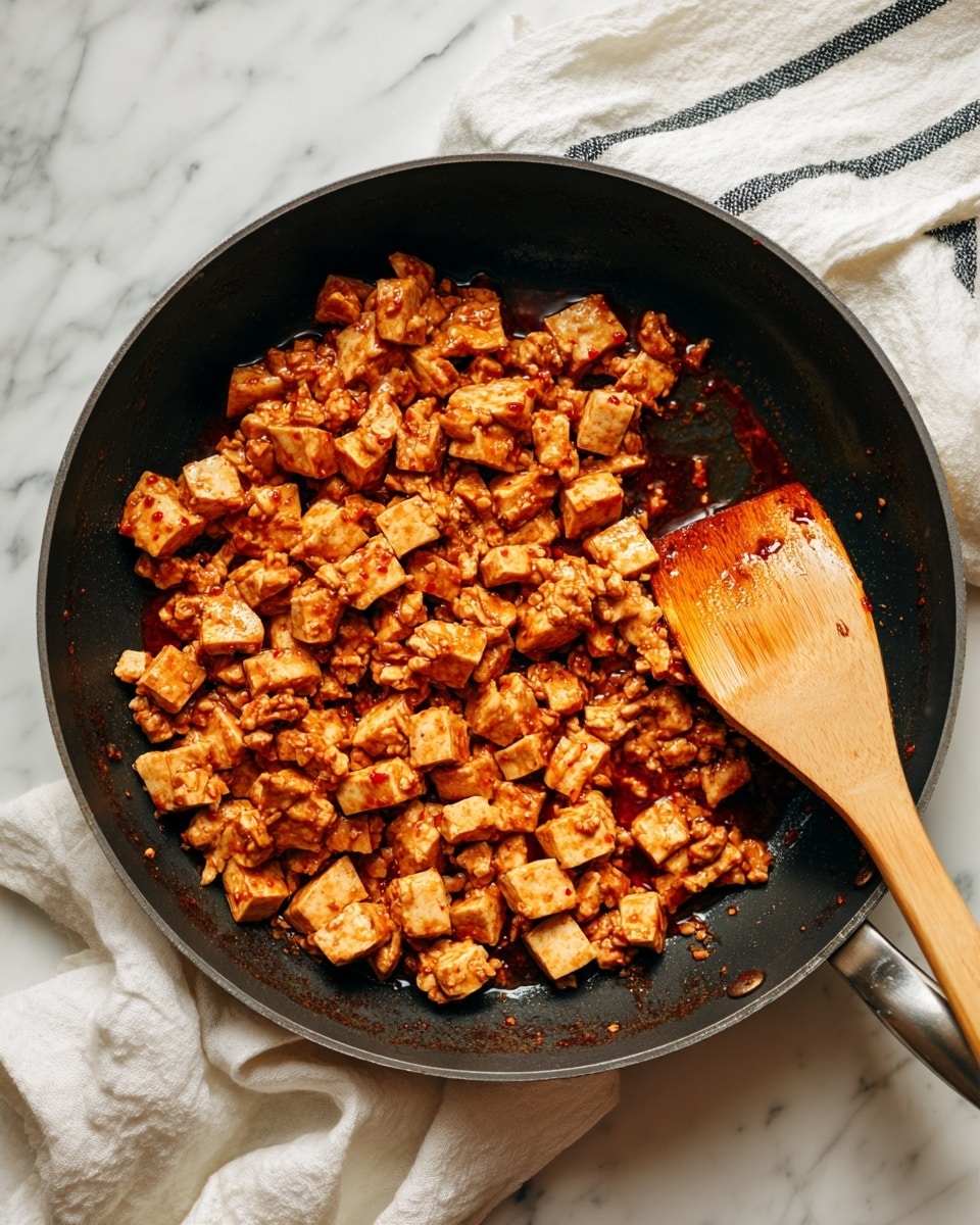 A close-up view of a round black skillet filled with small chunks of cooked tofu mixed with a reddish brown sauce, giving a textured look with pieces of tofu showing some light beige and reddish specks all over. A wooden spatula is partially seen, stirring the tofu mixture inside the skillet. The skillet rests on a crumpled white cloth with thin black stripes, and the background is a white marbled texture. photo taken with an iphone --ar 4:5 --v 7