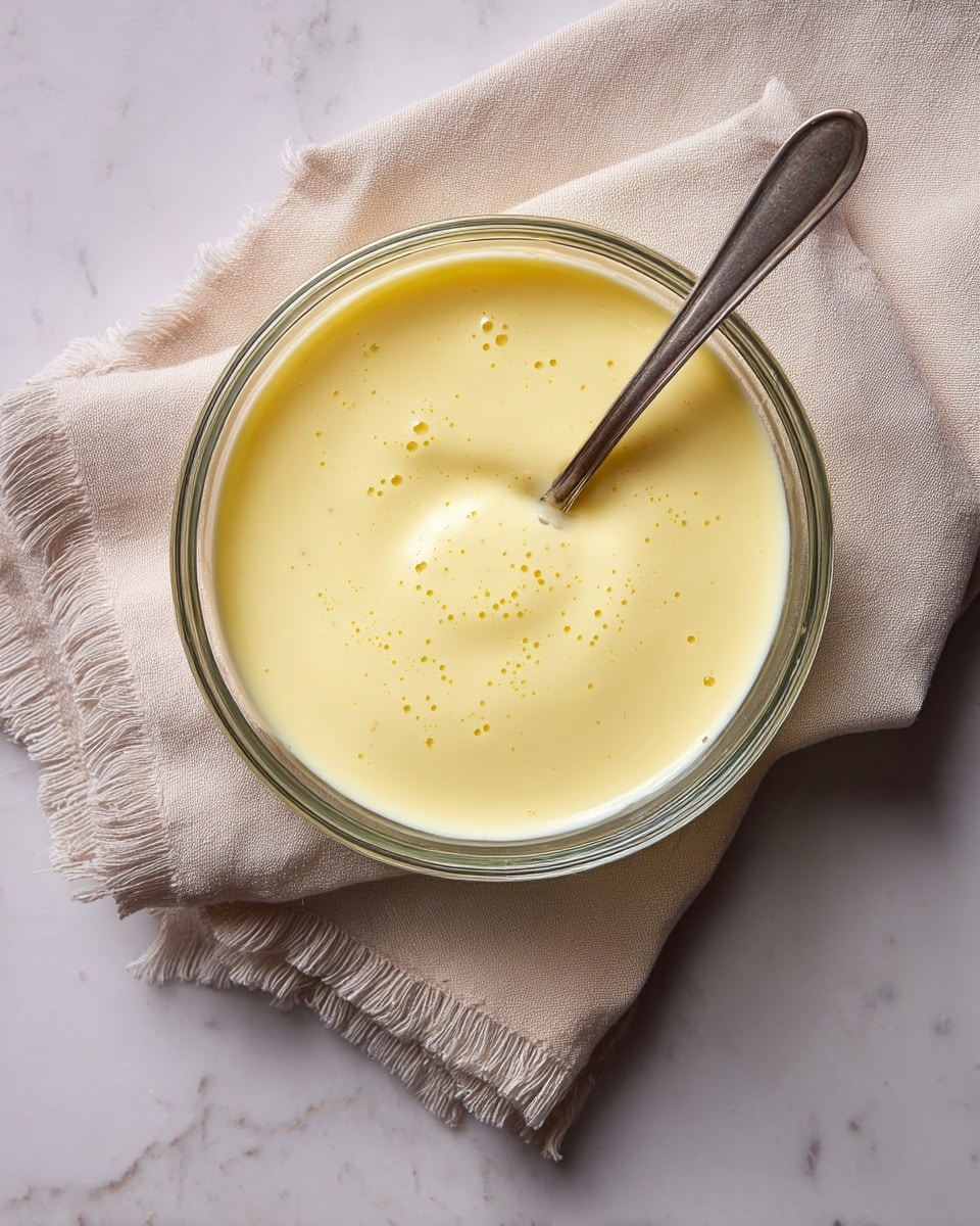A clear glass bowl sits on a white marbled surface filled with a smooth, pale yellow sauce that has a slightly thick texture with tiny flecks visible throughout. A silver spoon is held above the bowl, dripping the creamy sauce back into it, showing its fluid but slightly viscous consistency. The light reflects softly on the surface of the sauce and spoon, highlighting the creamy texture. photo taken with an iphone --ar 4:5 --v 7