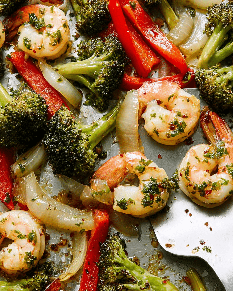 The image shows a close-up of cooked shrimp, broccoli, red bell pepper, and onion pieces on a white spatula and a shiny silver surface. There are about four shrimp with a pinkish-white color dotted with green herbs, arranged close to the center on and around the spatula. Bright green broccoli florets with charred tips are scattered evenly throughout. Long slices of red bell pepper and semi-translucent white onion wedges are mixed in between. The vegetables and shrimp are coated with shiny oil and small bits of seasoning. The background is a white marbled texture. photo taken with an iphone --ar 4:5 --v 7