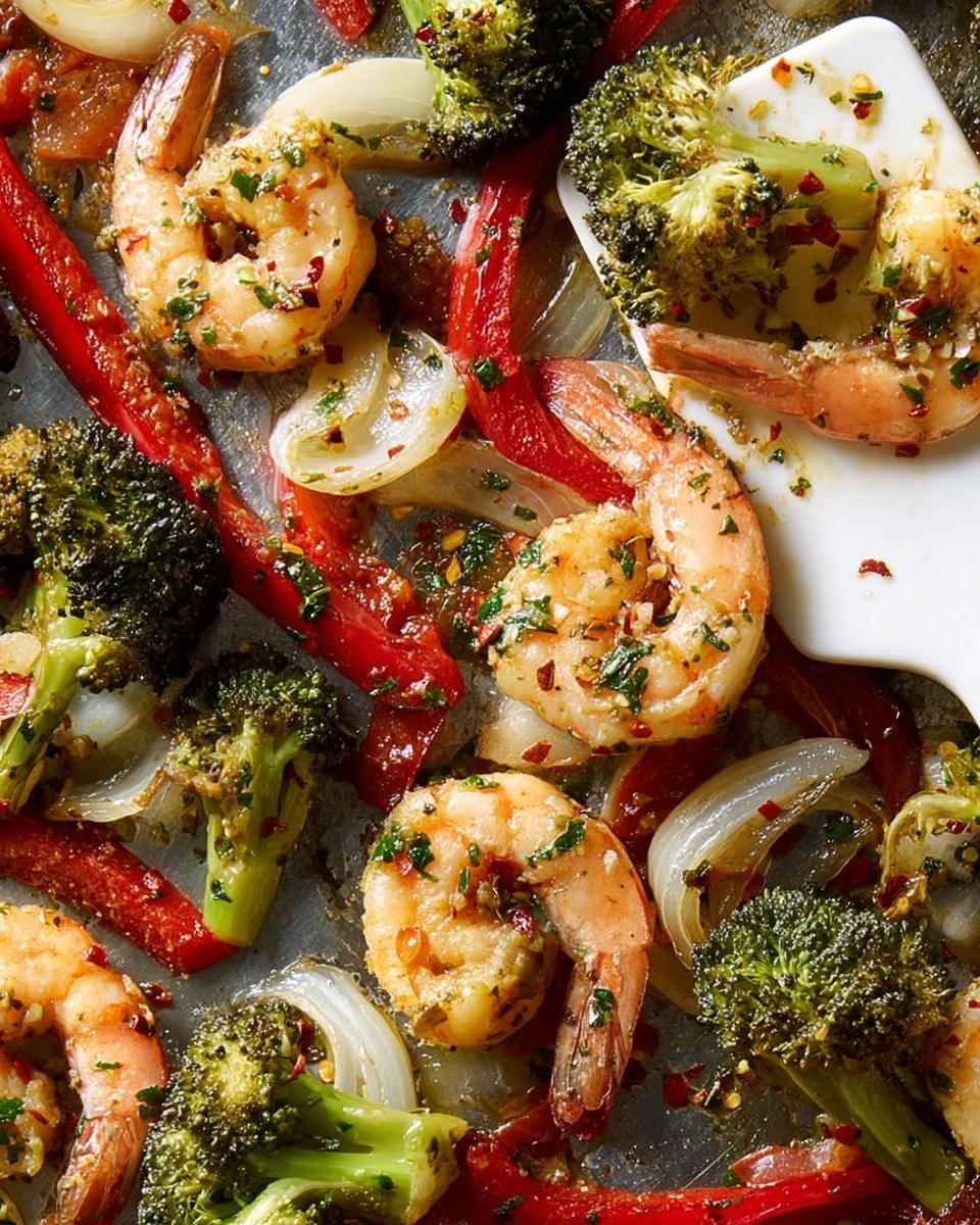 This image shows a mix of cooked shrimp and vegetables spread over a metal surface, with some on a white spatula. The shrimp are pinkish-orange with a slight shine, speckled with green herbs. The vegetables include green broccoli florets with a bit of char, thick slices of white onion slightly browned at edges, and long strips of red bell pepper that look soft and juicy. Everything appears lightly coated with oil and small bits of red chili flakes and green herbs. The scene is close-up and detailed, showing textures of the shrimp and vegetables clearly, arranged naturally as if just removed from cooking. Photo taken with an iphone --ar 4:5 --v 7