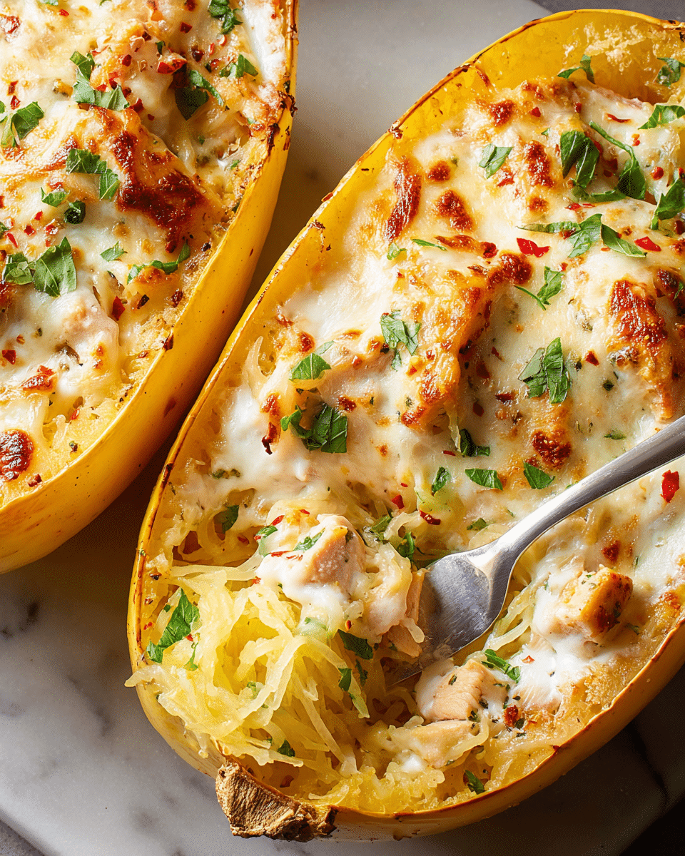 The image shows two halves of a baked spaghetti squash filled with layers of creamy white sauce, light yellow cooked spaghetti squash strands, and golden-brown browned chicken pieces on top. The top layer is covered with melted, bubbly, and slightly browned cheese that is scattered with small green parsley leaves and red chili flakes. A silver fork is partially inserted into one squash half, pulling up some of the spaghetti squash strands. The squash itself is bright yellow with a smooth texture, all placed on a white marbled surface. Photo taken with an iphone --ar 4:5 --v 7