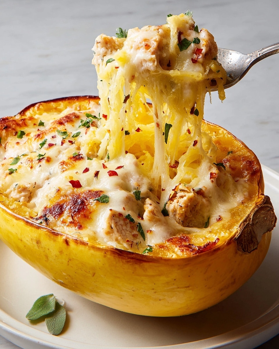 A white plate holds a halved spaghetti squash filled with creamy baked cheese that is golden brown and slightly crispy on top. Inside the squash, the bright yellow squash strands are mixed with melted white cheese, chunks of browned chicken, and sprinkled with small green herbs and red chili flakes. A spoon lifts a stringy, gooey mix of the cheesy squash filling, showing the smooth, creamy texture and the melting cheese stretching from the dish. The plate sits on a white marbled surface with a small herb leaf nearby. Photo taken with an iphone --ar 4:5 --v 7