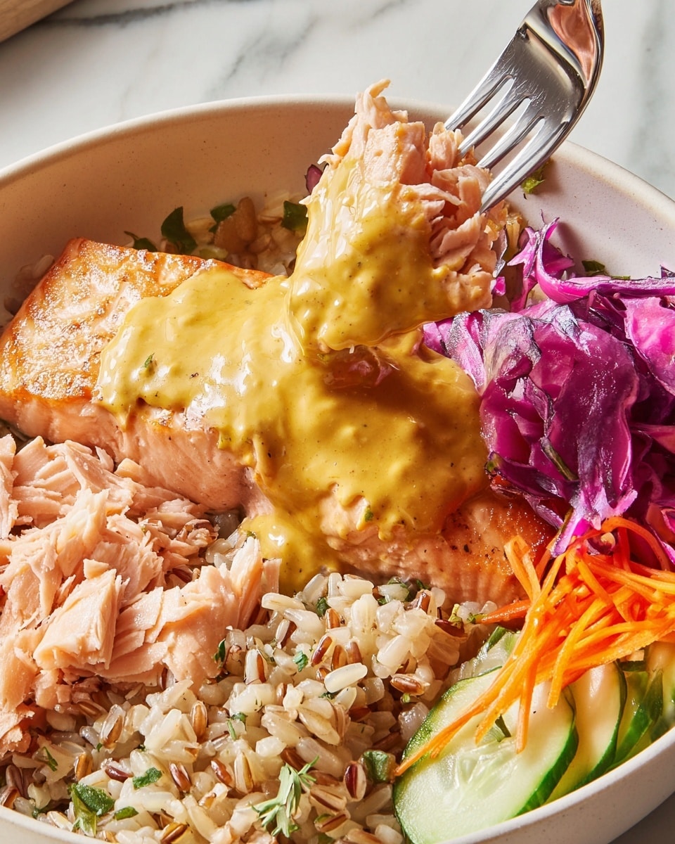 A white bowl holds a meal with four layers: at the bottom left, flaky light pink cooked salmon; next to it, a layer of light brown grains mixed with small green herbs; on the right, a piece of salmon topped with a smooth, thick mustard-yellow sauce; and at the bottom right, fresh salad with thinly sliced purple cabbage, green cucumber slices, and bright orange carrot ribbons. A fork is lifting a small mix of grains and salmon from the bowl. The bowl sits on a white marbled surface. Photo taken with an iphone --ar 4:5 --v 7