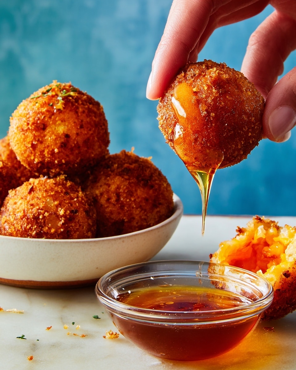 A golden-brown crispy fried ball, about the size of a walnut, is being held by a woman's hand dipped into a small clear glass bowl filled with sticky amber honey that drips down the sides of the ball. The ball’s outer layer is crunchy and textured, while the inside shows a moist, bright orange filling. Behind, a white bowl holds several more of the fried balls with the same crispy outer texture, and one split open ball reveals the soft filling inside, resting on a white marbled surface. The background is a blue wall. photo taken with an iphone --ar 4:5 --v 7