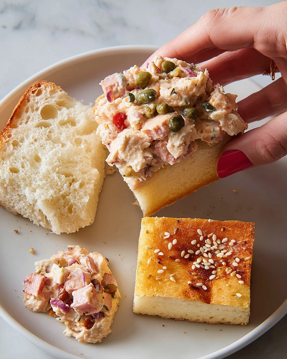 A close-up shows a woman's hand holding a piece of soft, thick white bread topped with a chunky, creamy mixture that includes pink bits of meat, green capers, and small pieces of red pepper. On the white plate below are two more pieces of bread: one is plain and torn, revealing a light, fluffy texture inside, and the other is a square piece of bread with a golden-brown crust sprinkled with sesame seeds. Next to the bread is a small dollop of the same creamy mixture with visible red, pink, and green chunks, all set against a white marbled surface. Photo taken with an iphone --ar 4:5 --v 7