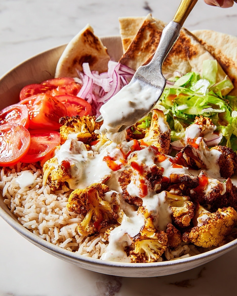 A white bowl holds a layered dish starting with a base of light brown rice, topped with roasted golden-brown cauliflower pieces that have some red sauce drizzled on them. On one side, there is fresh green lettuce, and nearby, slices of red cherry tomatoes mixed with thin rings of purple onion, all covered lightly with a white creamy sauce. In the back, there are triangular toasted flatbread pieces leaning against the bowl’s edge. A silver fork with a white and gold handle is lifting a piece of cauliflower covered in the white sauce. The whole setting is on a white marbled surface. photo taken with an iphone --ar 4:5 --v 7