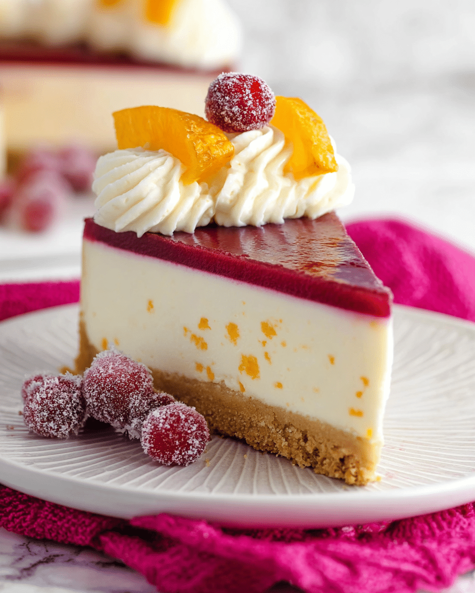 A round cheesecake with three clear layers: a thick light brown crumb crust at the bottom, a thick creamy pale yellow middle layer, and a smooth deep red jelly layer on top. The cake is decorated on the edge with large white whipped cream swirls, each topped with sugared red cranberries and thin orange slices standing upright between the cranberries. One slice is cut out and placed slightly away from the whole cake. The cake sits on a white plate with a scalloped edge, placed on a folded dark pink cloth on a white marbled surface, with some extra cranberries and orange slices blurred in the background. Photo taken with an iphone --ar 4:5 --v 7
