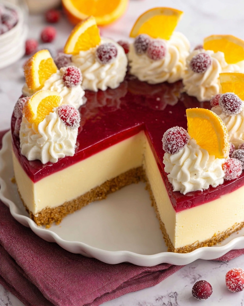 A slice of cheesecake with three clear layers: a bottom crumbly brown crust, a thick middle creamy white layer with small orange specks, and a smooth deep red top layer. On top, there are swirls of white whipped cream topped with three sugared red berries and two small orange slices placed vertically. The slice rests on a white plate with a subtle textured rim, placed on a folded bright pink cloth, all set on a white marbled background. Additional sugared red berries sit near the front of the slice, and the whole image is bright and sharp. photo taken with an iphone --ar 4:5 --v 7