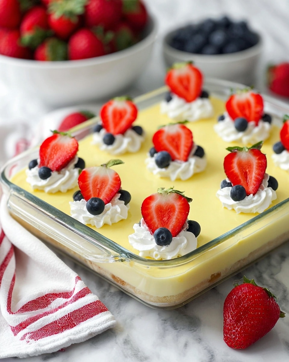 The image shows a dessert in a clear glass dish with three visible layers: a thin light brown bottom layer, a thicker pale yellow middle layer, and a smooth pale yellow top layer. On top, there are dollops of white whipped cream arranged in a neat grid, each topped with one bright red strawberry slice with green leaf tips and two dark blue blueberries. The dish sits on a white marbled surface with a white cloth that has red stripes under one corner, and in the background, there is a white bowl filled with whole strawberries and blueberries. Photo taken with an iphone --ar 4:5 --v 7