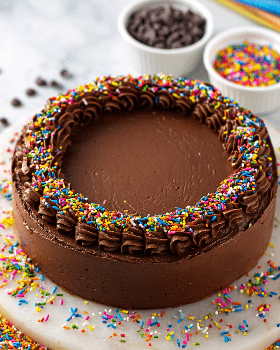 A slice of chocolate cake sits on a white plate with a scalloped edge, resting on a blue cloth over a white marbled surface. The cake has three distinct layers: a dark, dense chocolate base at the bottom, a thick creamy milk chocolate mousse middle layer, and a smooth, glossy milk chocolate ganache top layer. On top of the ganache, there are decorative swirls of darker chocolate frosting sprinkled with colorful, small cylindrical sprinkles in pink, orange, green, blue, white, and yellow. More sprinkles are scattered around the plate and cloth, and in the blurred background, the rest of the cake with similar frosting decoration is visible. Photo taken with an iphone --ar 4:5 --v 7