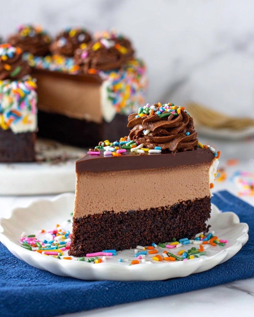 A round chocolate cake with one thick layer is centered on a white marble surface, with smooth, dark brown frosting covering the whole cake. The cake's top edge is decorated with a ring of chocolate swirled frosting, which is sprinkled with colorful rainbow sprinkles. More rainbow sprinkles are scattered around the base of the cake on the white marble surface. In the background, there are two small white bowls, one filled with rainbow sprinkles and the other with chocolate chips. photo taken with an iphone --ar 4:5 --v 7