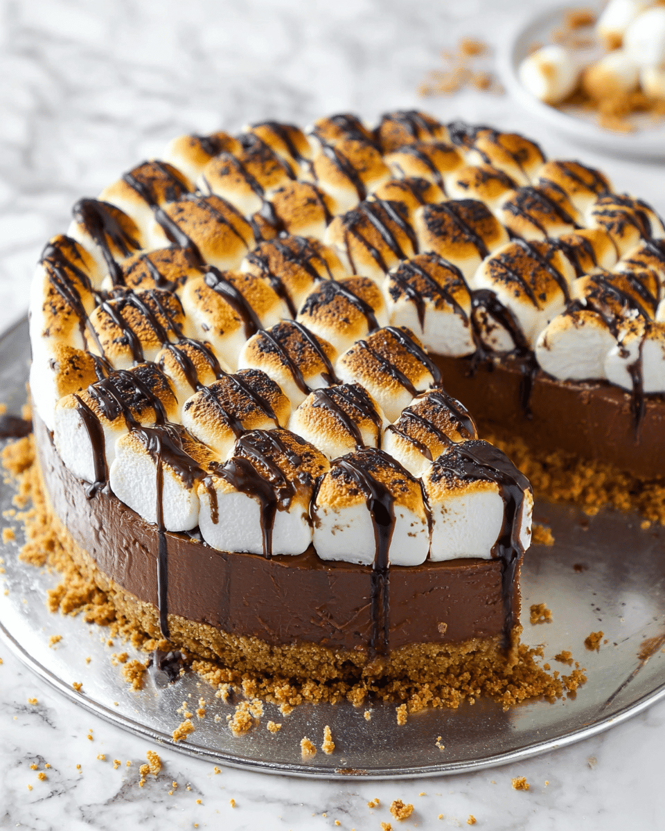 A slice of chocolate dessert on a white plate with a crumbly golden brown base layer, topped by a thick, smooth, dark chocolate mousse layer. Above this is a fluffy white marshmallow-like layer, slightly melting on the sides, drizzled with dark chocolate sauce in a zigzag pattern and sprinkled with crushed crumbs. Around the slice on the plate are scattered crumbs and dark chocolate bits. In the background, a glass bowl with white marshmallows and a larger portion of the dessert are visible, all placed on a white marbled texture. Photo taken with an iphone --ar 4:5 --v 7
