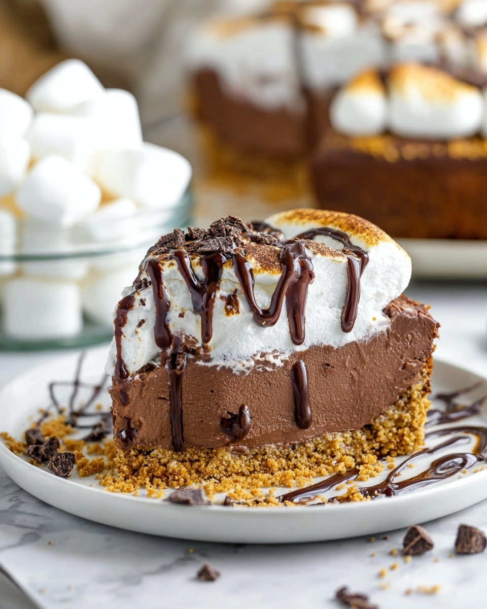 The image shows a rich dessert with three clear layers in a round shape. The bottom layer is a light brown crumbly crust made from crushed biscuits. Above it is a thick, smooth dark brown chocolate layer that looks dense and creamy. The top layer consists of toasted golden marshmallows arranged side by side, covering the entire surface. This marshmallow layer has a slightly puffy texture, and dark chocolate is drizzled over the marshmallows in a crisscross pattern, adding dark glossy streaks. Some crumbs and chocolate drips are scattered around the base, and the dessert sits on a round metal tray placed on a white marbled surface. photo taken with an iphone --ar 4:5 --v 7