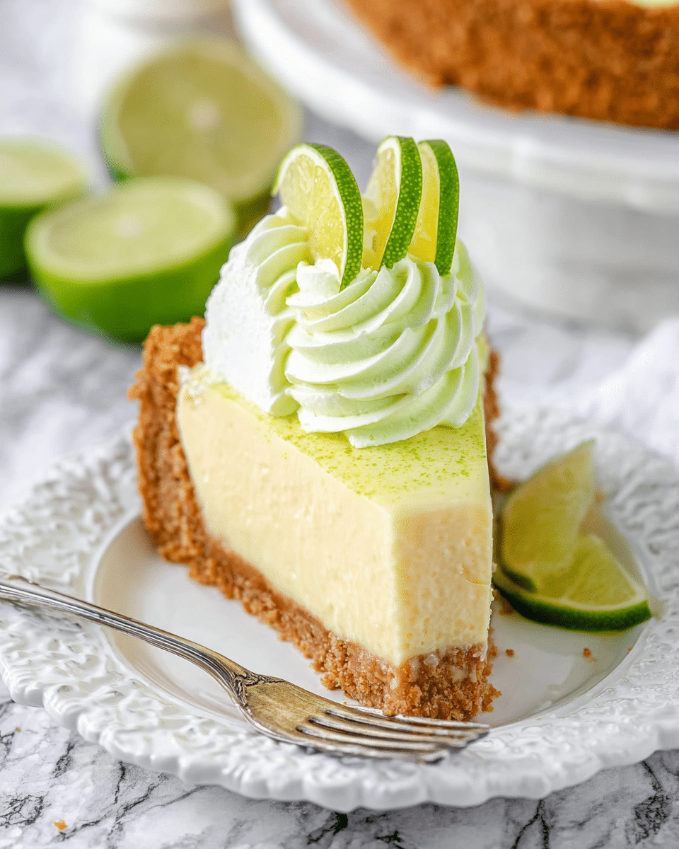 A slice of key lime pie sits on a white ornate plate, showing three clear layers: a crumbly light brown graham cracker crust at the bottom, a thick pale yellow creamy filling in the middle, and a light green whipped topping with a smooth swirl on top. Two thin, vibrant green lime slices are placed standing upright in the whipped cream. A lime wedge lies on the plate next to the pie, with a silver fork resting on the right side of the plate. The background has a white marbled texture with a blurred whole pie and some lime halves behind. photo taken with an iphone --ar 4:5 --v 7