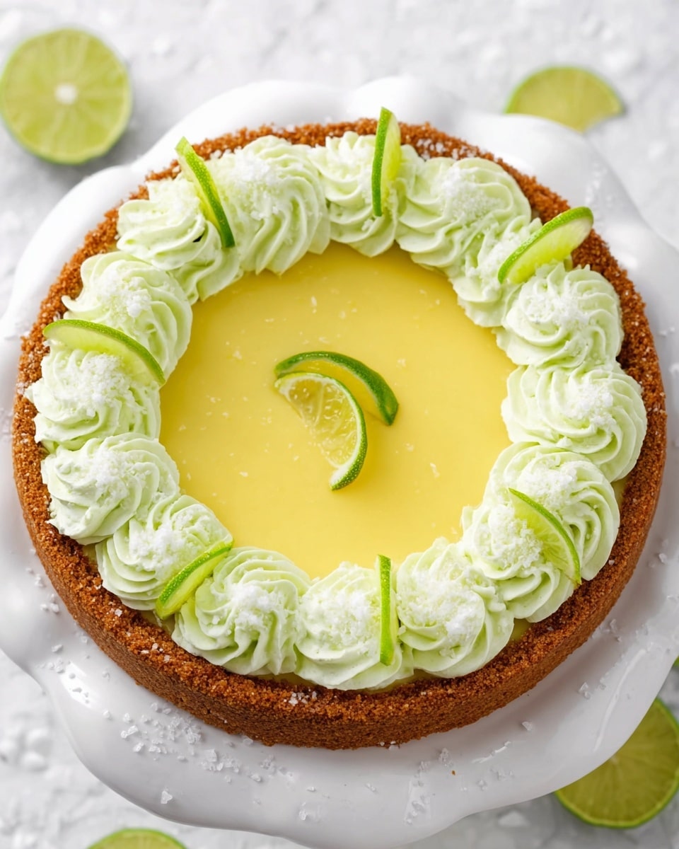 A round pie with a thick, crumbly brown crust forming the base and sides, filled with a smooth, bright yellow layer of lemon or lime filling at the center. On top, a ring of twelve evenly spaced swirls of pale green whipped cream sits along the edge, each swirl topped with a thin, fresh lime slice positioned vertically between the swirls. The pie is on a white plate with a scalloped edge, set on a white marbled surface with some scattered white salt flakes visible on the filling and around the plate. Photo taken with an iphone --ar 4:5 --v 7