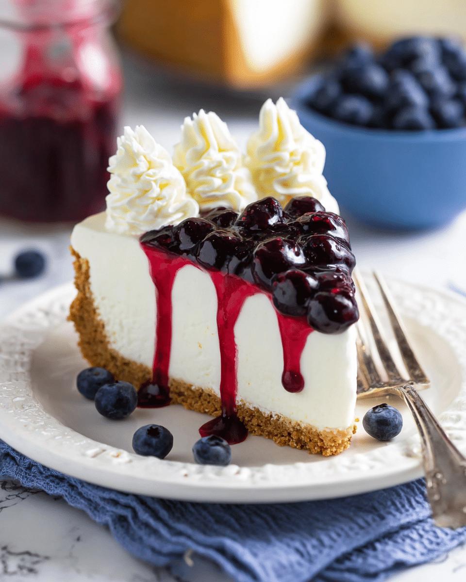 A slice of cheesecake sits on a white plate with a decorative edge, placed on a blue cloth over a white marbled surface. The cheesecake has three visible layers: a crumbly light brown crust at the bottom, a thick smooth white creamy middle layer, and a topping of glossy dark purple blueberries covered in a shiny red syrup that drips over the sides. On top, there are three swirls of whipped cream arranged along the back edge. A silver fork rests on the right side of the plate, and a few loose blueberries are scattered around the plate. In the background, a jar with red sauce and a blue bowl filled with blueberries are slightly out of focus. Photo taken with an iphone --ar 4:5 --v 7
