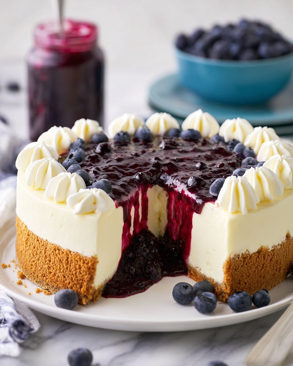 A creamy cheesecake with a thick, crumbly brown crust forms the bottom layer, topped by a smooth off-white cream cheese filling in the middle, and finished with a glossy, deep purple-blue blueberry topping oozing slightly down the side where a slice is missing; the edge is decorated with evenly spaced swirls of white whipped cream, all served on a white plate with a few fresh blueberries scattered around, set on a white marbled surface with a blurred jar of blueberry topping and a blue bowl of fresh blueberries in the background. photo taken with an iphone --ar 4:5 --v 7