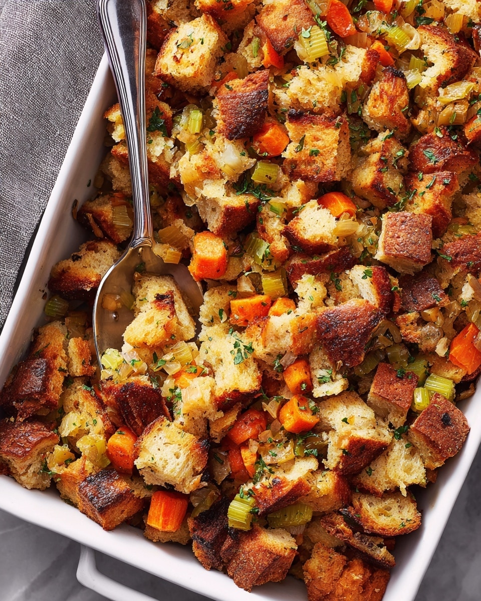 The image shows a white rectangular baking dish filled with a colorful stuffing mix made of browned bread cubes, small orange carrot pieces, green celery bits, and herbs, giving it a textured and rustic look. Above the stuffing dish, there is a white plate with several slices of golden brown roasted chicken breast, arranged neatly with fresh green thyme sprigs on the side. To the left, a white bowl holds shiny, soft golden brown dinner rolls topped with coarse salt. A small white bowl below contains bright red cranberry sauce with chunky texture. A small white gravy boat with light brown gravy is visible at the bottom right. The whole setup is on a white marbled surface, with a grey and white striped cloth under a silver spoon near the bowls and dishes. photo taken with an iphone --ar 4:5 --v 7