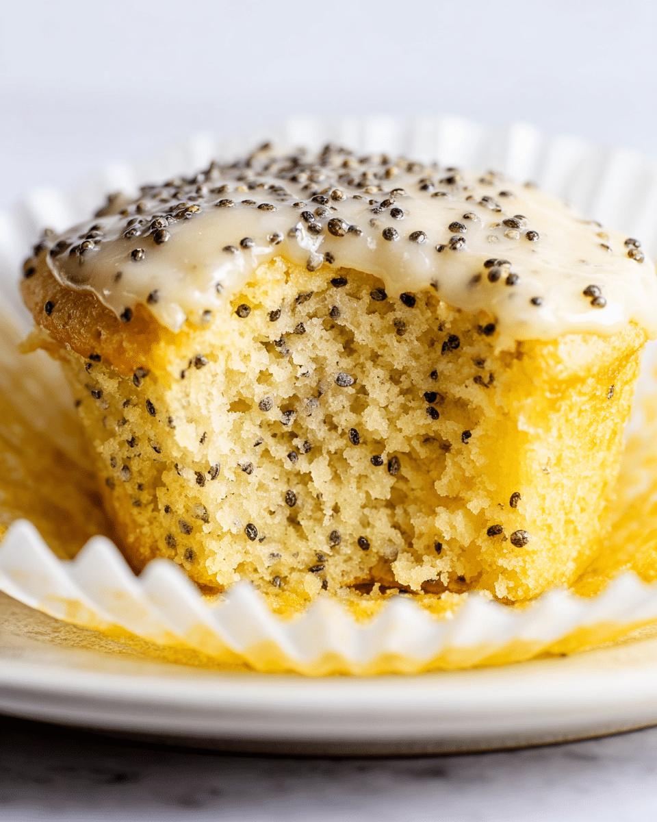 A close-up view of a single lemon poppy seed cupcake with one bite taken out of the front, showing its light yellow, moist, fluffy texture filled with many small black poppy seeds inside. The cupcake has one layer of pale cream-colored lemon glaze on top with scattered black poppy seeds. It sits in a white paper liner that is unfolded and placed on a plain white plate with a white marbled texture background. Photo taken with an iphone --ar 4:5 --v 7