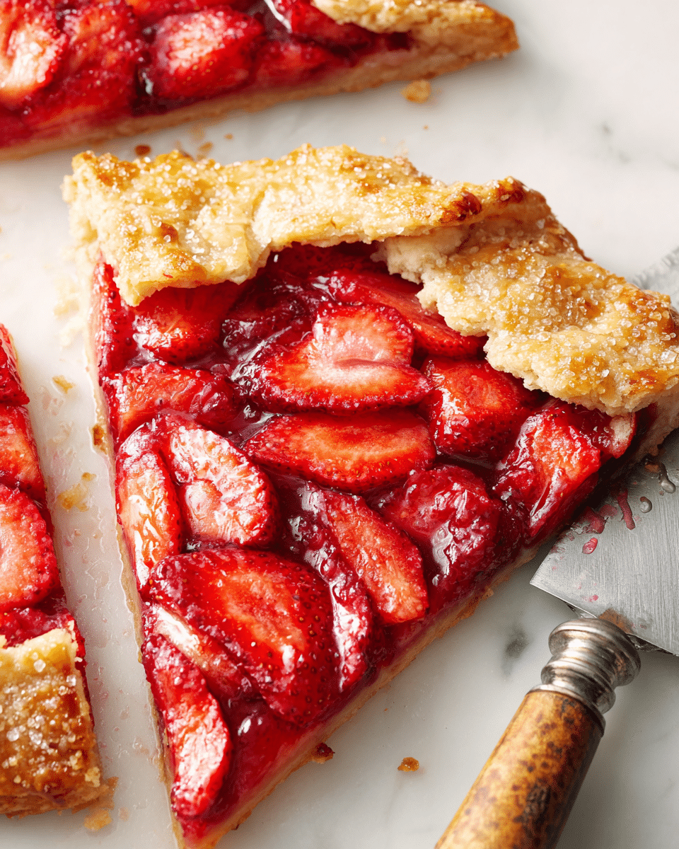 A round galette with a golden, crumbly crust that is unevenly folded around the edges, showing a textured surface with coarse sugar crystals sprinkled on top. The inside is filled with a single thick layer of bright, glossy red strawberry slices that are shiny and juicy, tightly packed together in the center, forming an inviting burst of color that contrasts with the warm crust. The galette rests directly on a white marbled surface with some red juice stains around it. photo taken with an iphone --ar 4:5 --v 7