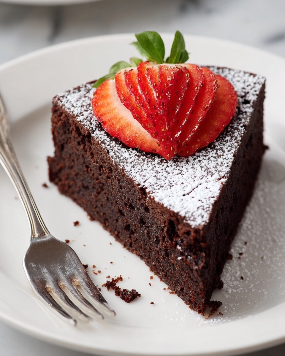 A thick slice of dark brown chocolate cake sits on a white plate with a soft, moist texture visible on the sides. It has a dusting of white powdered sugar evenly covering the top surface. On the center of the cake, there is a neatly carved, fanned-out fresh red strawberry with its green leaves still attached, adding a bright contrast. To the left of the cake, a metal fork with some crumbs and powdered sugar rests on the plate. The whole scene is set on a white marbled surface. photo taken with an iphone --ar 4:5 --v 7