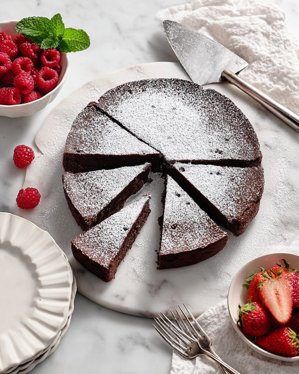 A round, dark chocolate cake sits on a white marble board with four slices cut, showing a dense and rich texture inside. The top of the cake is dusted evenly with white powdered sugar, creating a contrast with the deep brown color of the cake. To the left, there is a white bowl filled with bright red raspberries and fresh green mint leaves, resting on a white scalloped plate. To the right, a metal cake server rests on a soft white cloth with a textured edge. In the bottom right corner, a white plate holds a smaller bowl with fresh strawberries and two forks lying next to it. The background is a white marbled texture. photo taken with an iphone --ar 4:5 --v 7