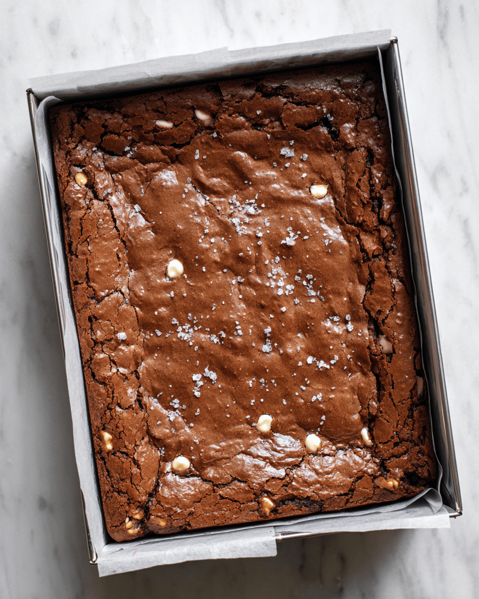 Three thick square brownies are stacked on a white plate placed on a white marbled surface. Each brownie has a cracked, golden-brown top layer sprinkled with coarse salt flakes. The inside is rich and dark brown with visible chunks of white chocolate mixed throughout, creating a contrast between the dark and light colors. The edges of the brownies show a slight crumbly texture, while the middle looks dense and moist. photo taken with an iphone --ar 4:5 --v 7