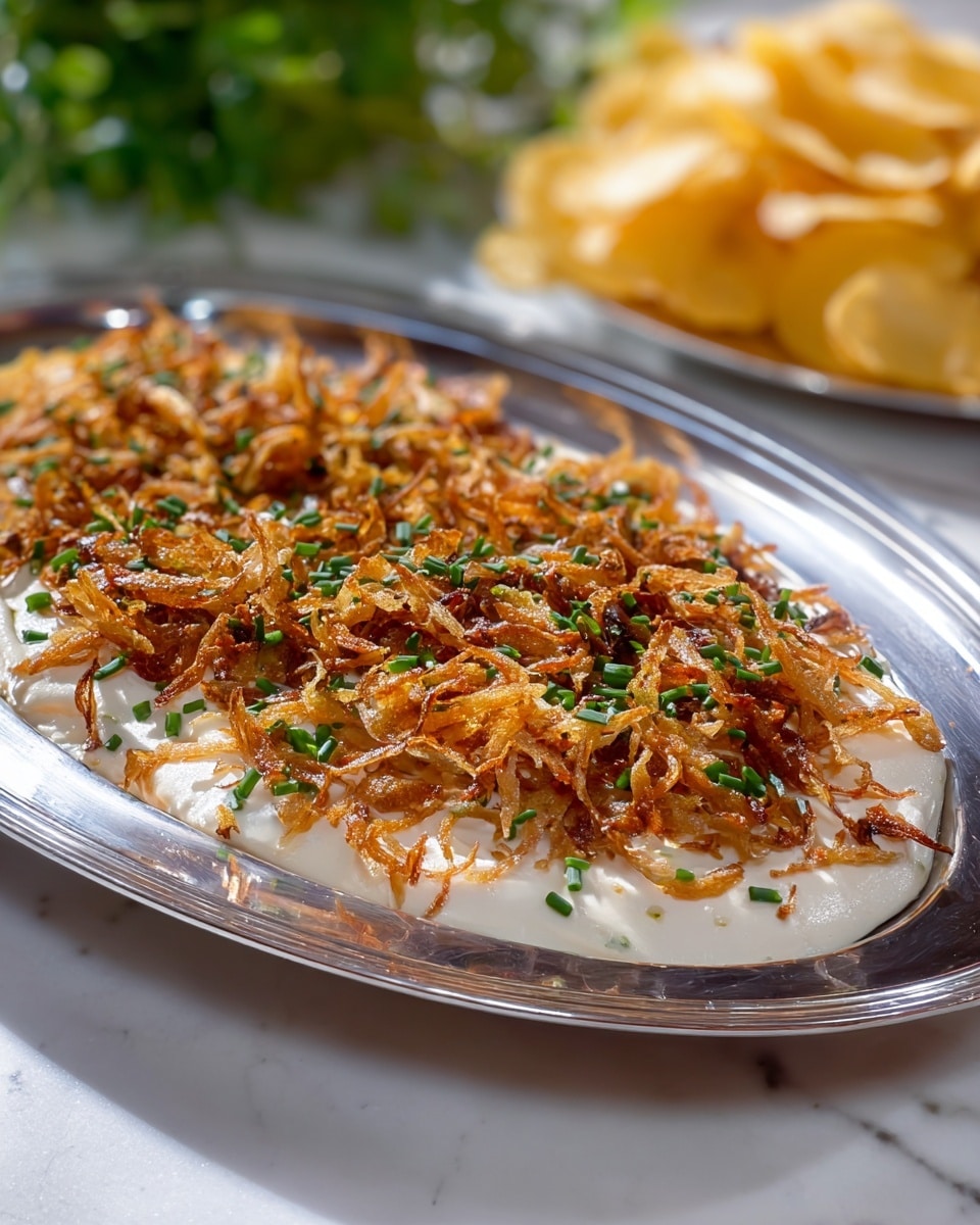 A shiny silver round plate holds a dish with a single thick base layer of smooth, white creamy sauce spread evenly across it. On top, there is a generous layer of thin, crispy, golden-brown fried shallots scattered all over, adding texture and a crunchy look. Small green chopped chives are sprinkled finely across the dish, bringing a touch of color contrast to the white and brown layers. The plate is set on a white marbled surface with an out-of-focus side showing light yellow crispy chips and a blurred green plant in the background. photo taken with an iphone --ar 4:5 --v 7