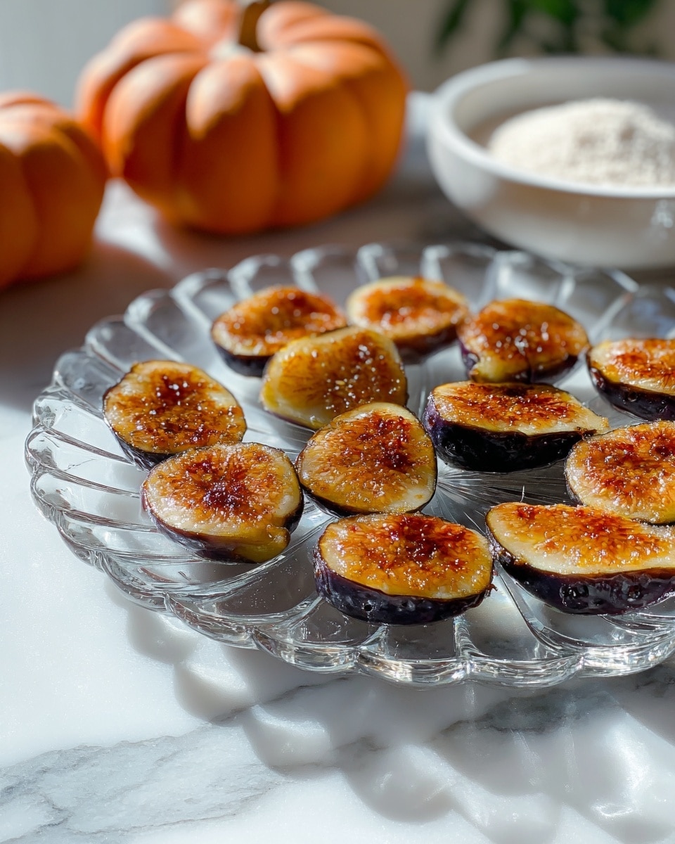 A clear glass plate with a wavy edge holds about twelve small, round slices of fruit, likely figs, each topped with a golden-brown caramelized layer that looks burnt sugar crispy and shiny. The slices show dark purple skin on the bottom and a caramelized, bubbly, light brown surface on top. In the background, two whole pumpkins and a white bowl with a powdery white substance are slightly blurred against a white marbled texture. The lighting is bright and creates soft shadows and highlights on the plate and food. Photo taken with an iphone --ar 4:5 --v 7