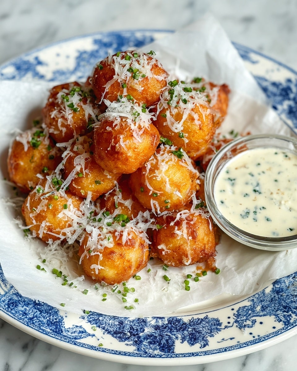 A white plate with blue patterns holds a pile of golden-brown fried balls, about three layers high. The balls are topped with finely shredded white cheese and small green herbs scattered over and around them. On the right side of the plate, there's a clear glass cup filled with a creamy white sauce that has small green and light brown bits mixed in. The plate is lined with white paper underneath the balls, and the whole scene sits on a white marbled surface. photo taken with an iphone --ar 4:5 --v 7