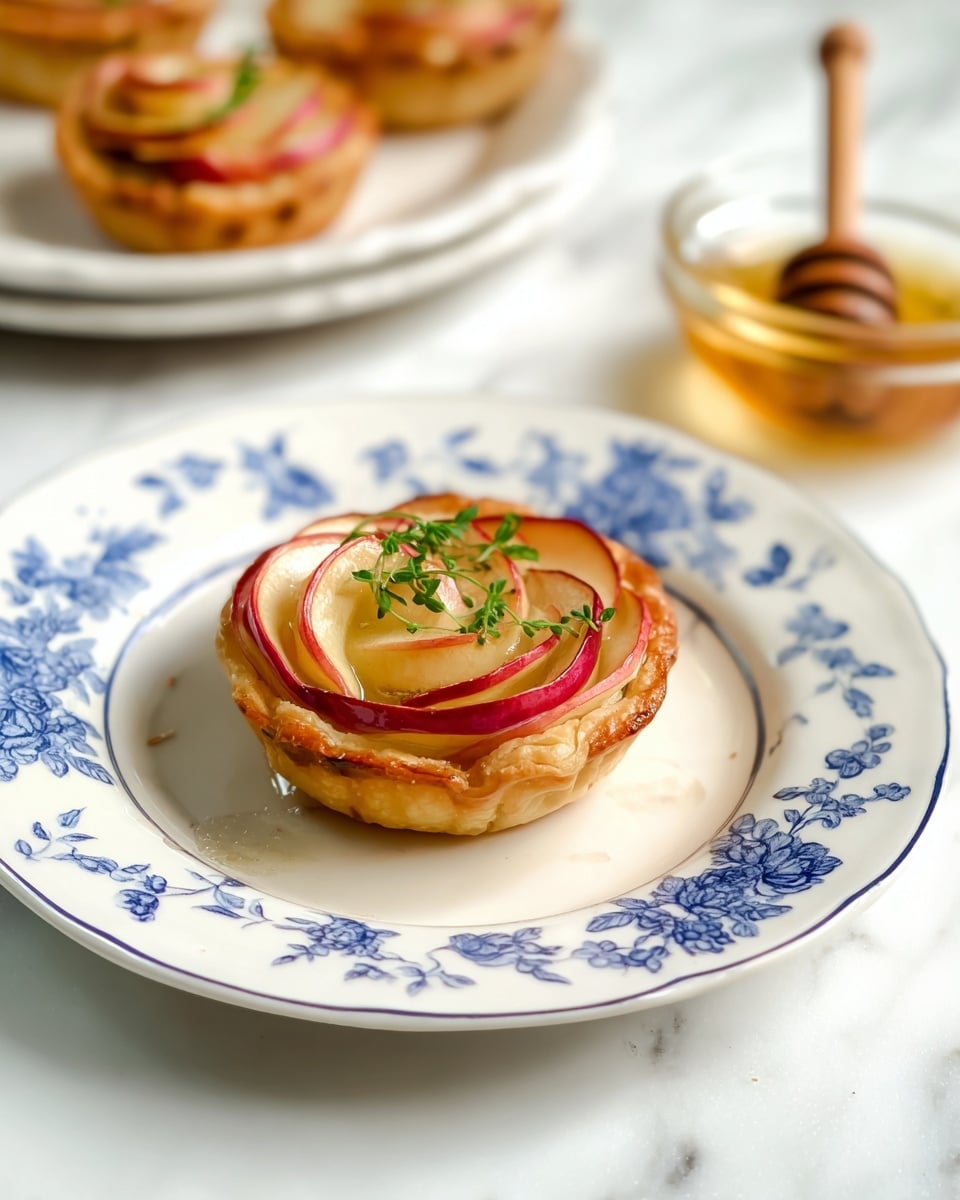 A small round tart is placed in the center of a white plate with blue floral patterns around the edges. The tart has a golden-brown flaky crust forming the base and sides, filled with thin, rose-shaped layers of red-skinned apple slices with light yellow flesh twisted around a central top layer of soft, melted cheese. Finely chopped green herbs are sprinkled neatly on top of the cheese. In the blurred background, a small glass bowl filled with honey and a honey dipper rest on a white marbled surface, next to another white plate holding more tarts. photo taken with an iphone --ar 4:5 --v 7