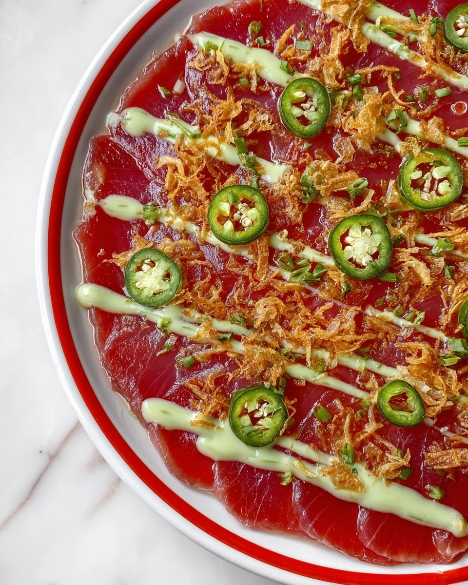 Thin, translucent slices of deep red raw fish are spread evenly on a white plate with red rings near the edge. The first layer is the fish itself, smooth and glossy. On top, light green, creamy sauce is drizzled in a zigzag pattern across the whole surface. Scattered around are small, round slices of green jalapeño peppers adding a fresh pop of color. Crispy, golden-brown fried shallots are spread lightly over everything, adding texture. The plate rests on a white marbled surface. Photo taken with an iphone --ar 4:5 --v 7