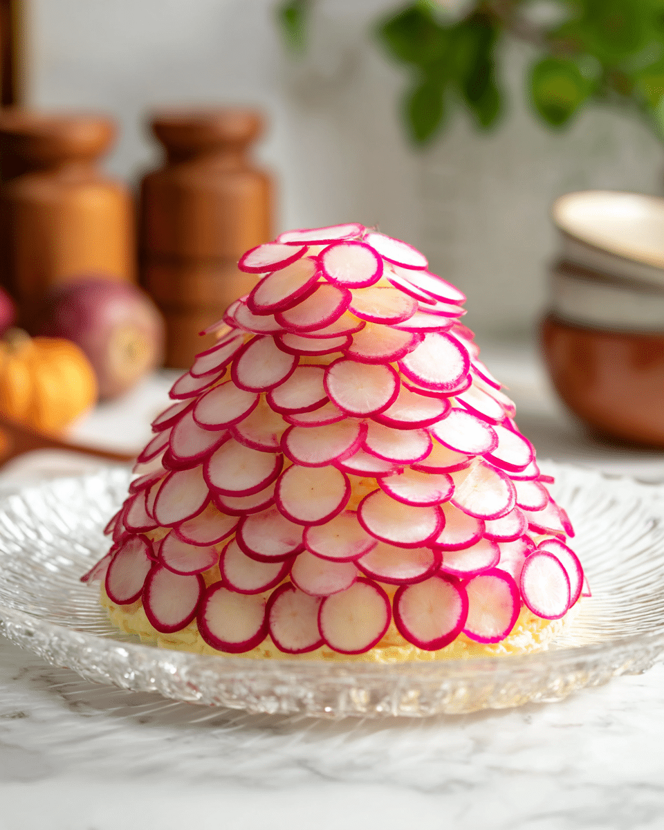 A pyramid-shaped mound made of smooth, light yellow creamy spread forms the base layer, covered evenly with thin, circular slices of radish that have white centers and bright pink edges. Each radish slice is carefully placed in overlapping rows all around the creamy base, creating a textured pattern that rises like small petals from bottom to top. The dish sits on a transparent glass plate with a wavy pattern, placed on a white marbled textured surface. The background is softly blurred with hints of wooden containers, green leaves, and neutral-colored bowls. Photo taken with an iphone --ar 4:5 --v 7