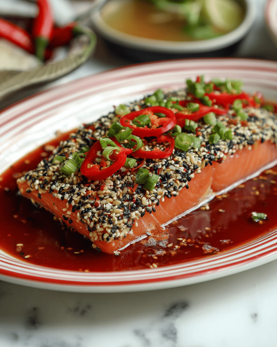 A white plate with red stripes holds a rectangular piece of raw salmon covered in black and white sesame seeds all around the edges, lying flat on a layer of deep red sauce. On top of the salmon are sliced red and green chili peppers arranged in a line, with finely chopped green onions scattered between and around them. The salmon’s orange-pink flesh is glossy and fresh, showing clear muscle lines. The background has a white marbled texture with blurred hints of green and red from other dishes. photo taken with an iphone --ar 4:5 --v 7