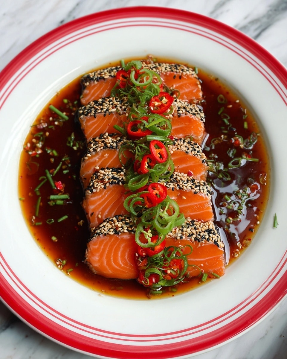 The dish shows six thick slices of bright orange salmon sashimi arranged in a slightly overlapping row on a white plate with red stripes near the edge. The salmon is coated on the sides with a mix of white and black sesame seeds. The plate holds a dark reddish-brown sauce surrounding the salmon. On top of the salmon slices, there are thinly sliced green and red chili peppers placed in a line down the center, with small green chives sprinkled around and on the fish. The whole scene sits on a white marbled surface and is captured in a close-up, brightly lit style. photo taken with an iphone --ar 4:5 --v 7