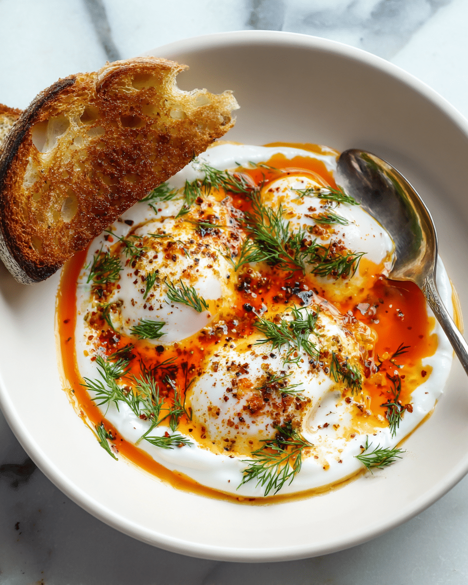 A white bowl holds a dish with a smooth, thick layer of creamy white yogurt spread evenly as the base. Two soft poached eggs with shiny, slightly runny whites sit close together in the center. Bright red-orange chili oil is drizzled around and over the eggs, mixing with specks of black pepper and herbs. Fresh green dill sprigs and finely chopped chives add color on top. A wedge of toasted golden brown bread rests leaning on the edge of the bowl. A shiny silver spoon lies inside the bowl on the right side. The bowl sits on a white marbled surface. photo taken with an iphone --ar 4:5 --v 7